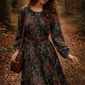 Vintage 90s Mallory Floral Maxi Dress Green Rose Cottagecore Boho Romantic